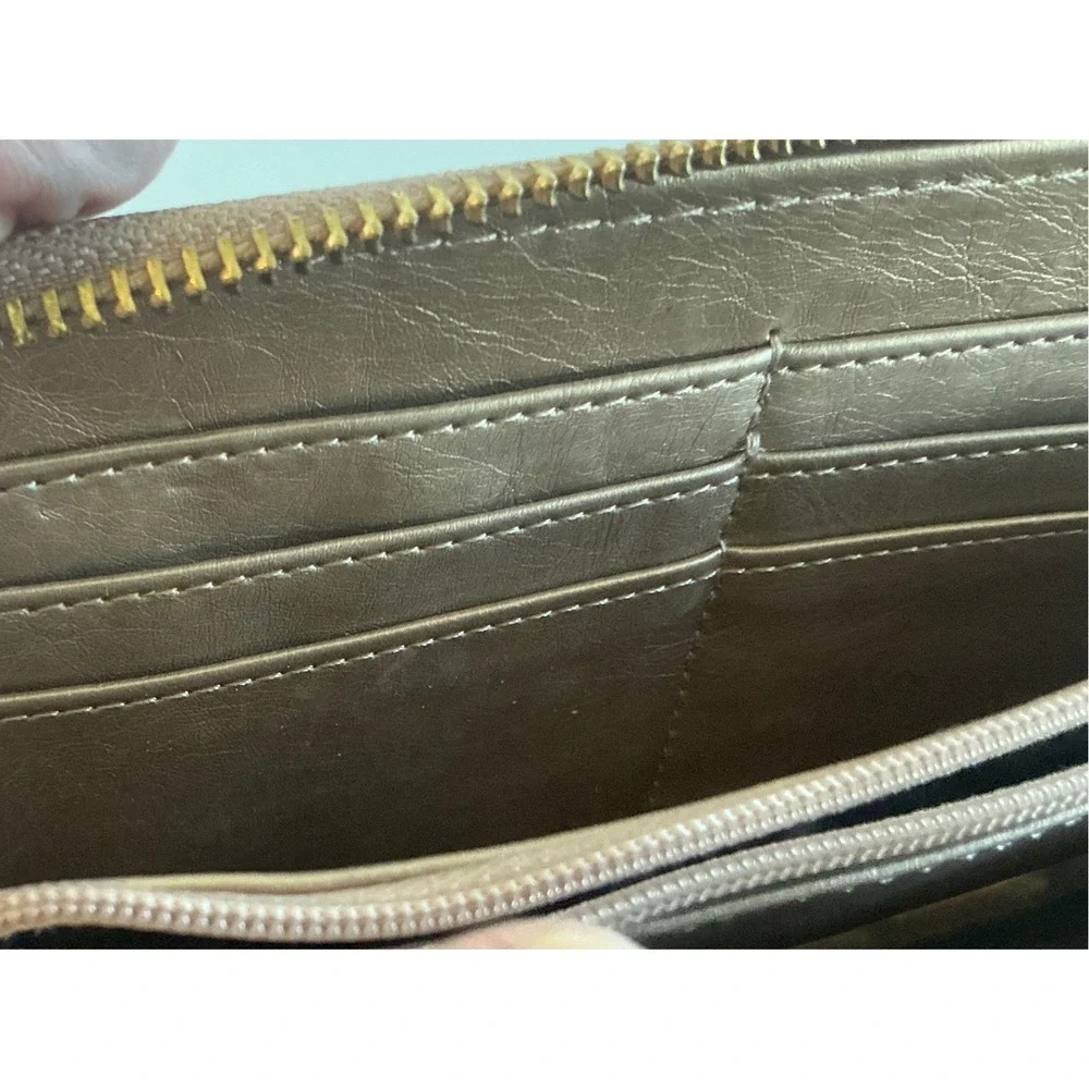 Anne Klein Monogram Zip Around Wallet Taupe Beige Logo Gold Tone Lion Large Slim